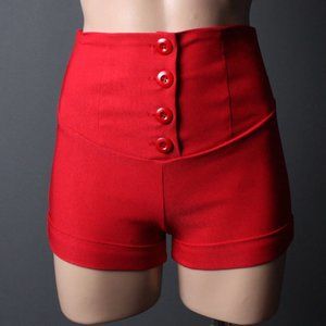 Red Womens Office Career Work Button High Waist Cuffed Shorts Hot Dress Pants